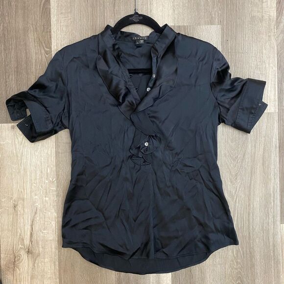 Theory Ebina Black Satin Silk/Spandex Ruffle Blouse Shirt, Sz Large, MP $295 - Picture 2 of 8